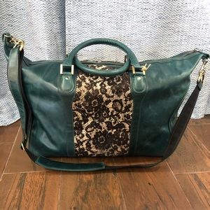 Green Leather Weekender Tote Carry On NWT